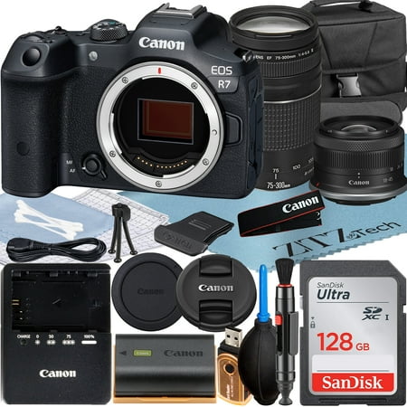 Canon EOS R7 Mirrorless Camera with RF-S 18-45mm + EF 75-300mm Lens + SanDisk 128GB Memory Card + Case + ZeeTech Accessory Bundle