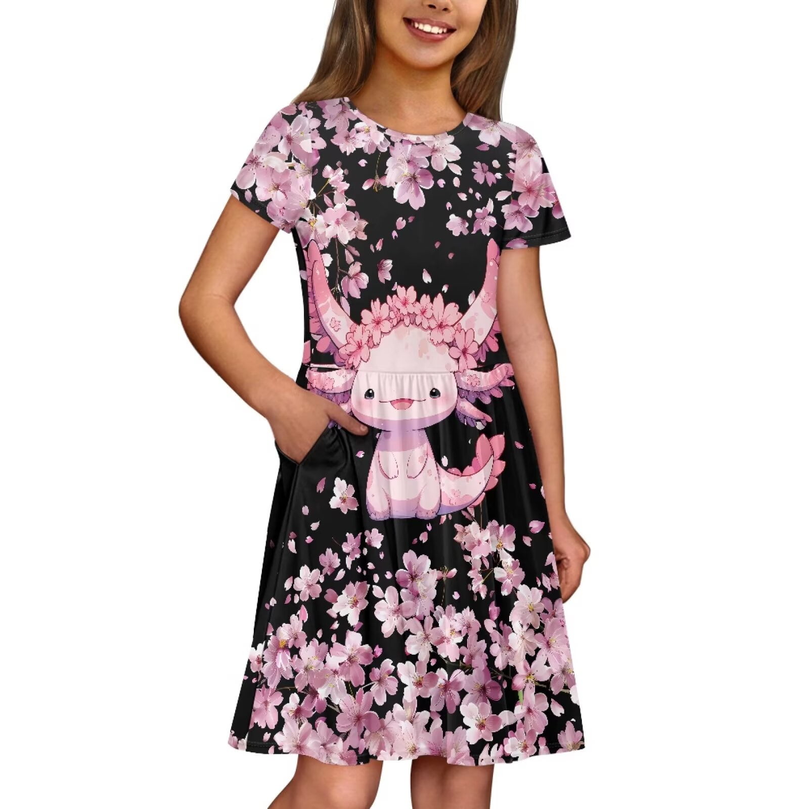 Uourmeti Axolotl Sundress 2-14Y Girls Cute Short Sleeve Swing Dress Cherry Blossom Summer Soft Round Neck Midi Fashion Party Wedding Dresses with Pocket