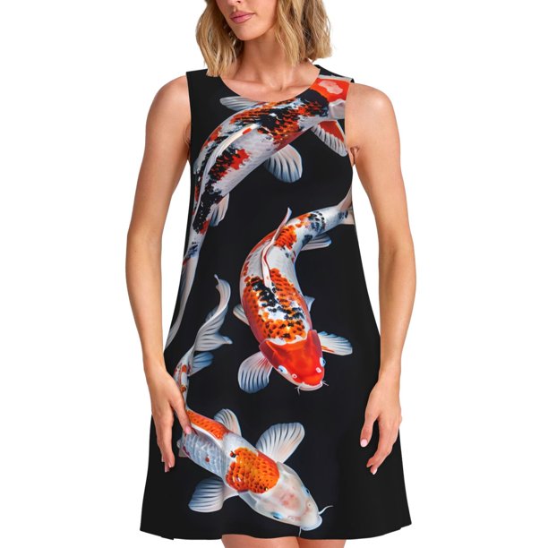 Fotbe Tricolor Koi Fish Trio Vestido de Verano sin Mangas para Mujer – Vestido Midi Línea A, Estilo Camiseta Floral, Vestido Playero Casual y Fluido