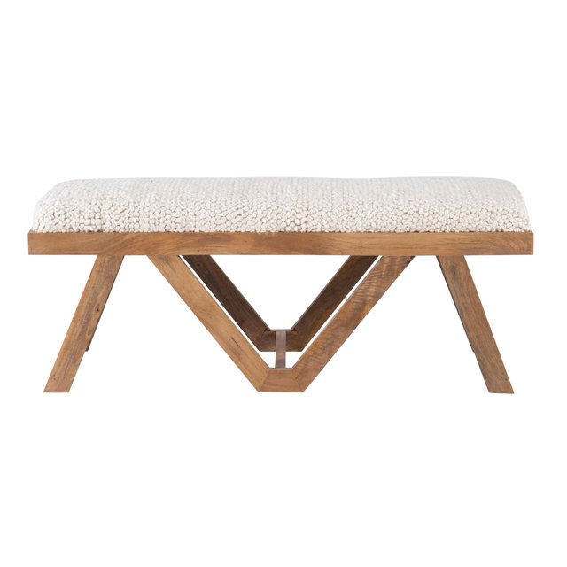 Pemberly Row 19" Transitional Wood/Fabric Bench in Brown Stained/White