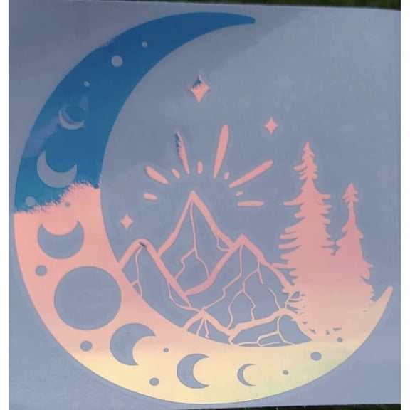 Moon Phases Mountain Trees Opal 6 Inch Professional Sticker for Truck, Car, Tumbler, Cup, Laptop, Decor, Locker, Table, Window