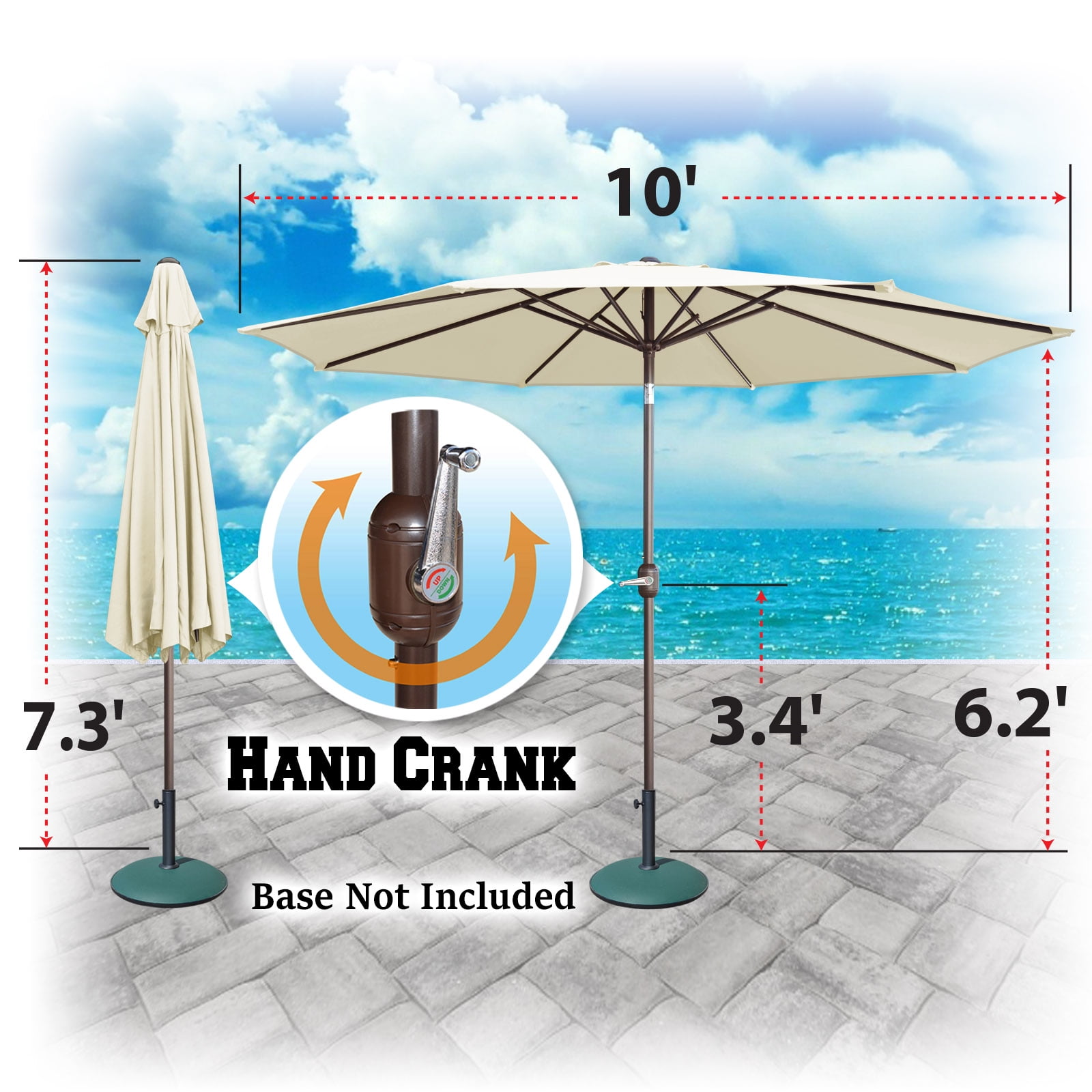 Sunrise Outdoor 10' Patio Umbrella 8 ribs with Tilt and Crank Garden Parasol Market Sunshade Umbrella (Ecru)