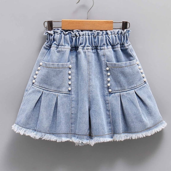 Little Girls Jean Shorts Cut Off Denim Shorts Elastic Waist Drawstring Shorty Shorts for Teen Girls 4-15 Years