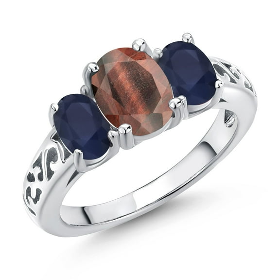 Gem Stone King 925 Sterling Silver Red Tiger Eye and Blue Sapphire Filigree Style 3 Stone Ring for Women (2.36 Cttw, Oval 8X6MM and 6X4MM, Size 7) (Size 7)