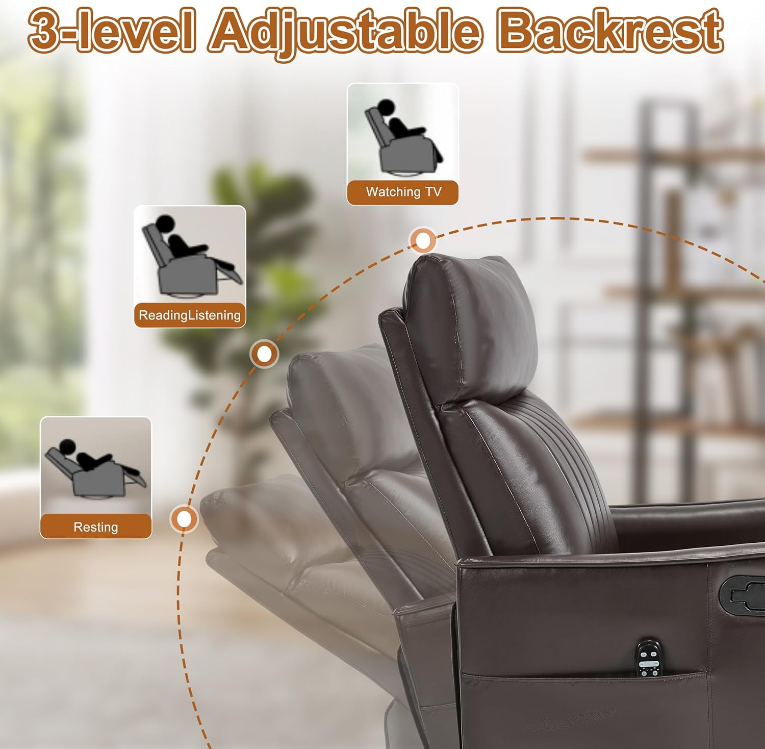 Ywen Manual Swivel Rocker Recliner Chair for Adults, Overstuffed Recliner Glider with Massage and Heat, Living Room Reclining Chair, PU Leather Dark Brown