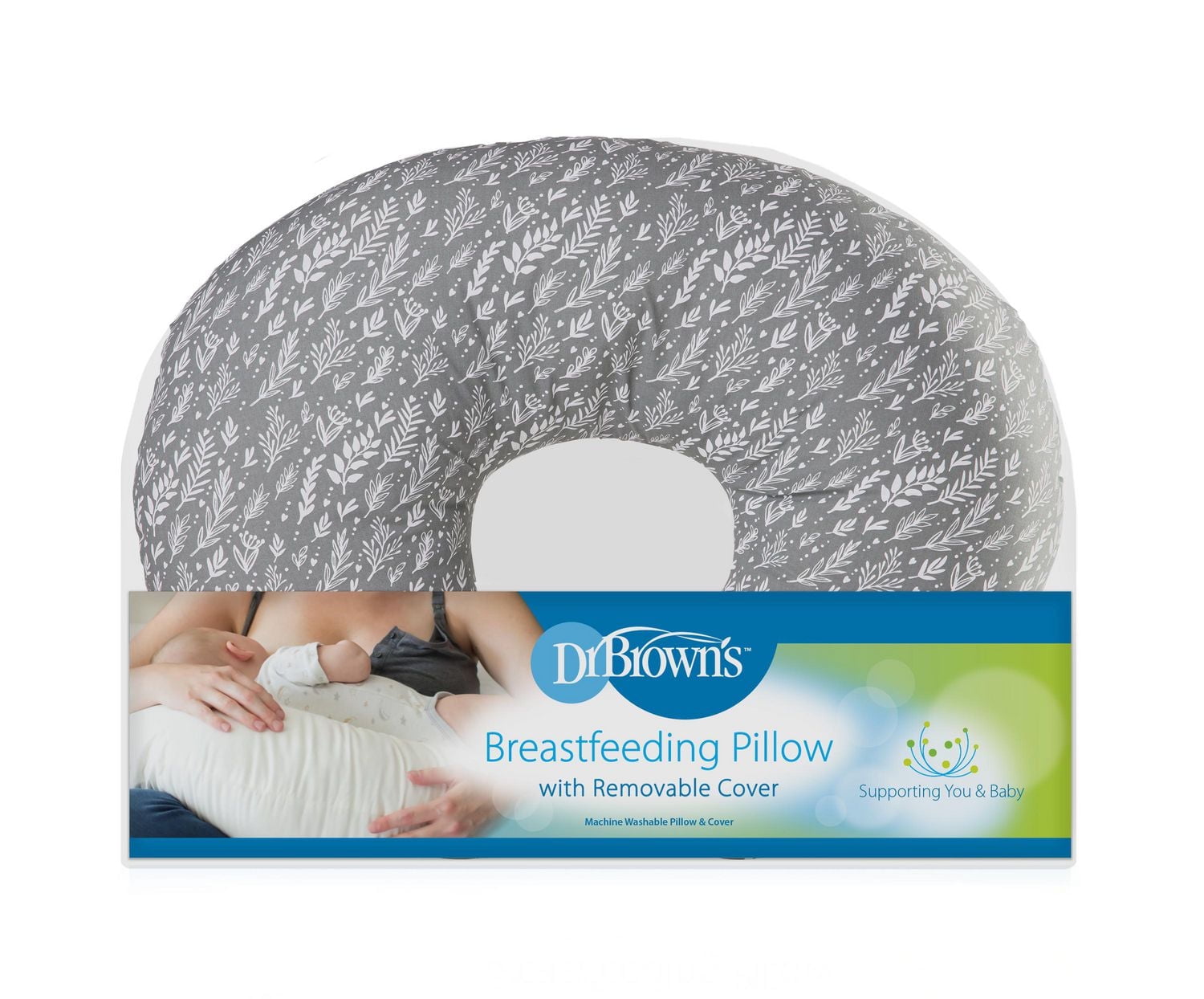 Dr. Brown's Breastfeeding Pillow with Removable Cover for Nursing Mothers, Machine Washable, Cotton Blend, Grey