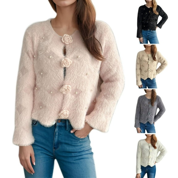 Ashirexll Womens Cardigan Sweaters, Sweaters for Women Trendy, Womens Soft V-Neck Long Sleeve Pullover Top Winter Warm Flower Button Sweater