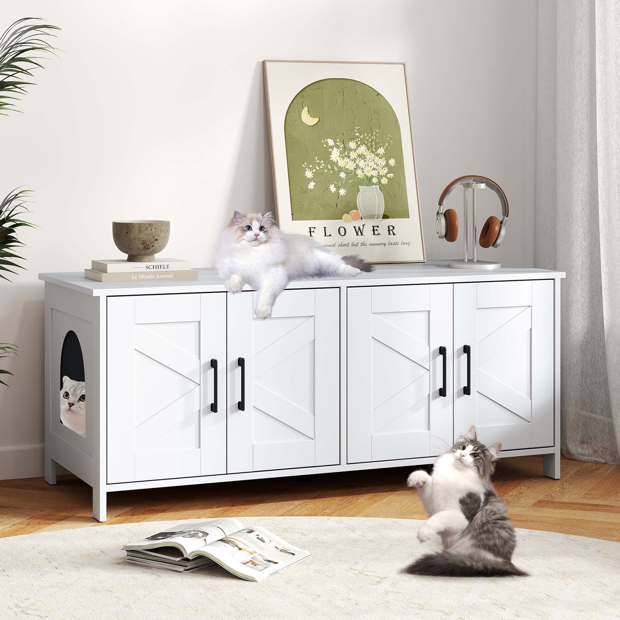Gymax Cat Litter Box Enclosure for 2 Cats w/ Double Rooms Wooden Cat Washroom Cabinet White