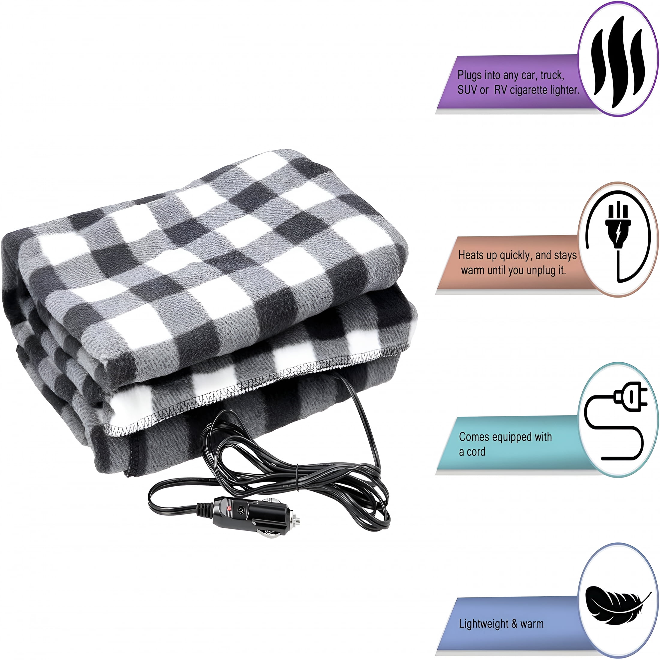 HIBIBUD Heated Blanket - 12-Volt Electric Blanket for Car,Truck,Suv,Or Rv - Portable Winter Car Accessories for Camping Or Travel (Black Plaid)