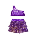 thumbnail image 5 of CHICTRY Kids Girls Sequin Metallic Jazz Modern Latin Dance Crop Top with Skirt Hair Band Set Purple 14, 5 of 7