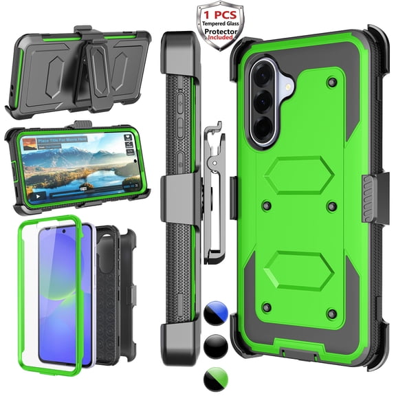 Samsung Galaxy A36 5G Case with Holster Clip [3-in-1 Rotating Belt Clip & Kickstand] Built-in Screen Protector, Shockproof Full-Body Cover, Wireless Charging Compatible – Green