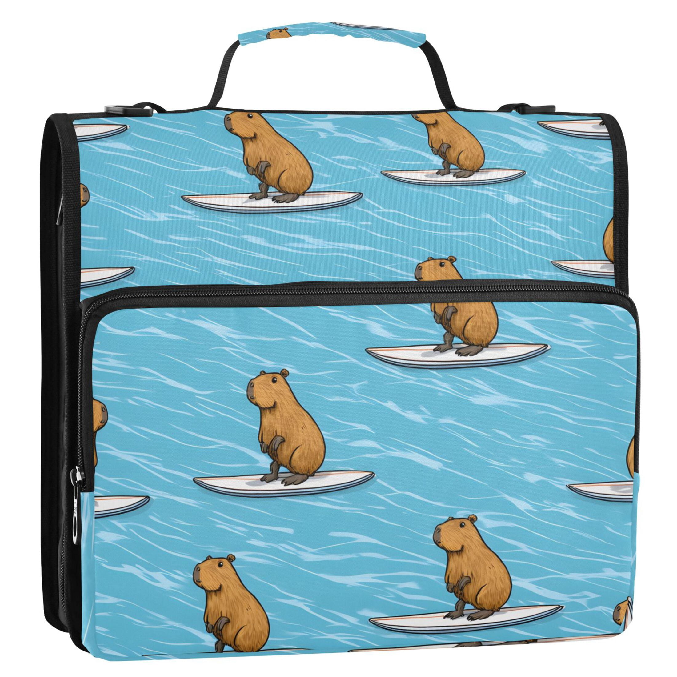 3 Ring Zipper Binder with Shoulder Strap Waterproof Trapper Keeper 2 Inch D-Ring 500 Sheets Capacity Capybara Surfer on Water