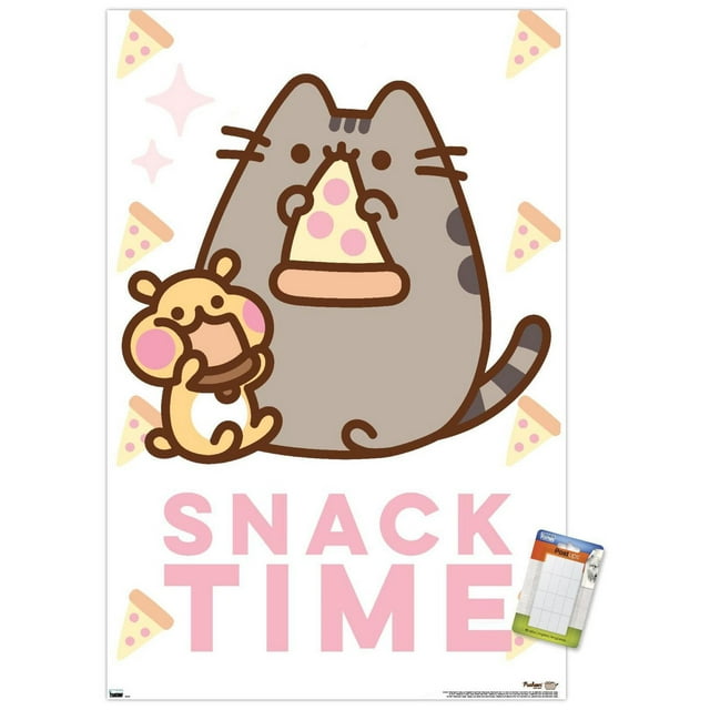 Pusheen - Snack Time Wall Poster, 14.725" x 22.375" framed featuring cartoon cat Pusheen holding a pepperoni pizza slice and a small yellow hamster-like character eating a sandwich, surrounded by small pizza slice illustrations and pink 'SNACK TIME' text on a white background, ideal for bedroom or office wall decor.