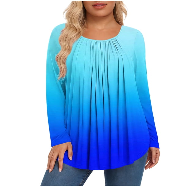 Mujeres de Manga Larga Tops Casual de Moda Gradiente Impresión Cuello Redondo Plegado Tamaño Superior para Uso Diario Y de Fiesta