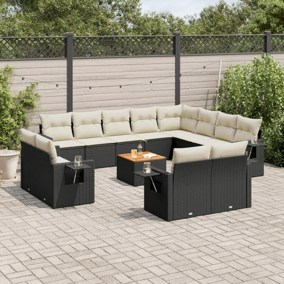 vidaXL Garden Sofa Set Black and Cream White PE Rattan Large Modular