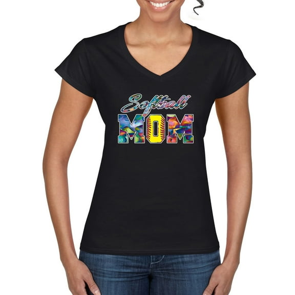 Wild Bobby, Colorful Softball Mom, Mother's Day, Women Standard V-Neck Tee, Black, Small