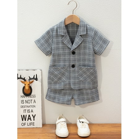

Short Sleeve Toddler Boys Plaid Double Pocket Shirt Shorts S221905X Grey 90(1-2Y)