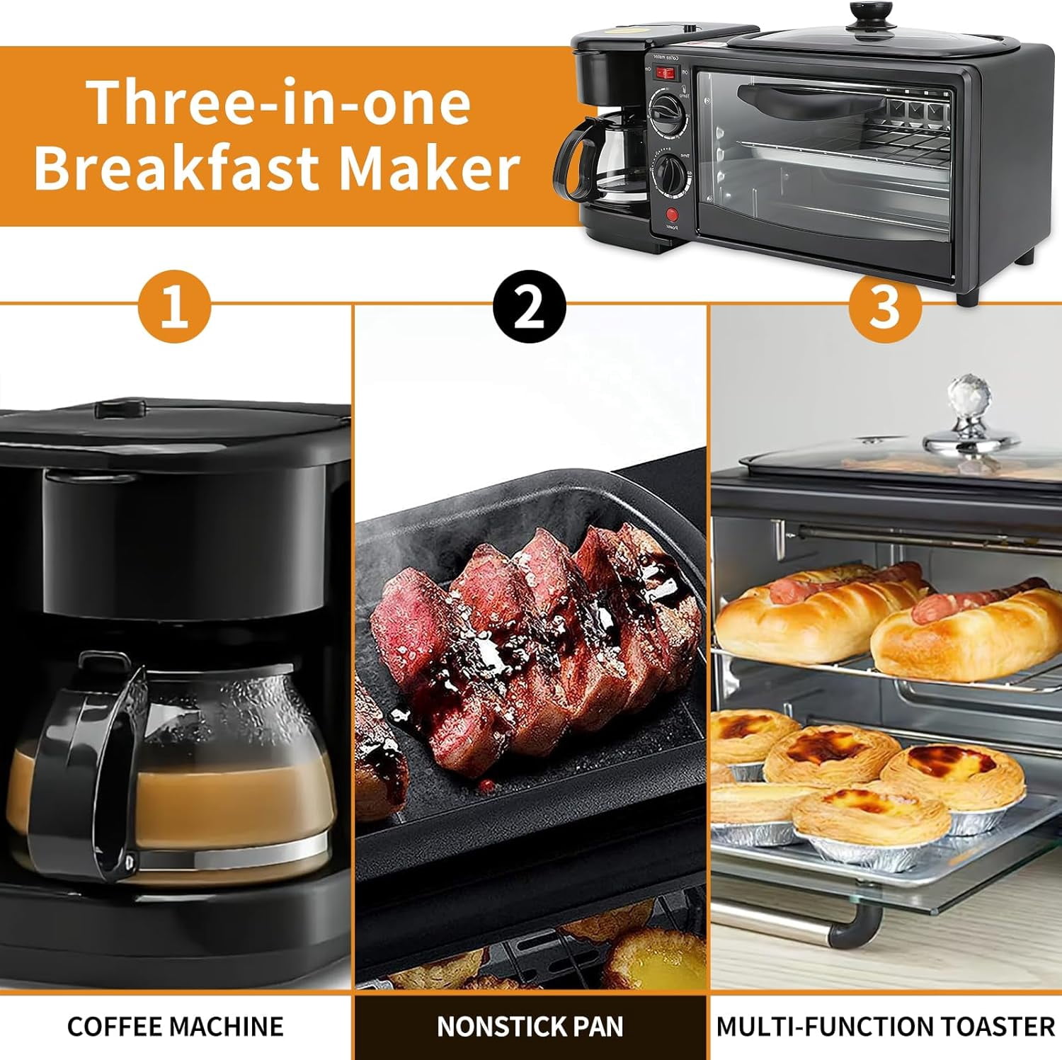 3-in-1 Breakfast Machine with Coffee Maker, Toaster, Non-Stick Griddle, Multi-Function Breakfast Machine with Timer, Kitchen Appliance Ideal for Apartments and Small Kitchens