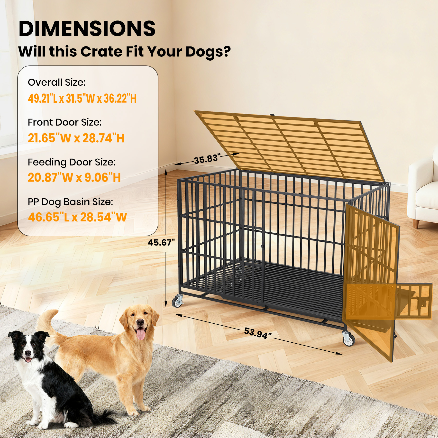 49 Inch Extra Large Heavy Duty Dog Crate with 3 Doors and Wheels, Indoor Outdoor Escape-Proof Metal Kennel with Removable Tray for Large Medium Dogs, Black