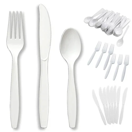 48Pcs Plastic Cutlery Set Disposable Utensil Forks Knifes Spoons White Tableware