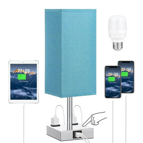 Fabric Bedside Table Lamp Nightstand Lamp with Warm White LED Bulb Desk Light Touch Control USB A Type-C Charging Ports 2 Power Sockets 3 Levels Dimmable for Living Room Bedroom Study Room Cafe Shop