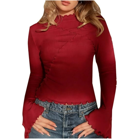 XUNKUSGA Women's Tops Fashion Mock Neck Lettuce Trim Pullover Tops Casual Bell Long Sleeve Going Out Tops Classic Slim Fit Solid Color Y2k Tops for Women Trendy S-2XL Red