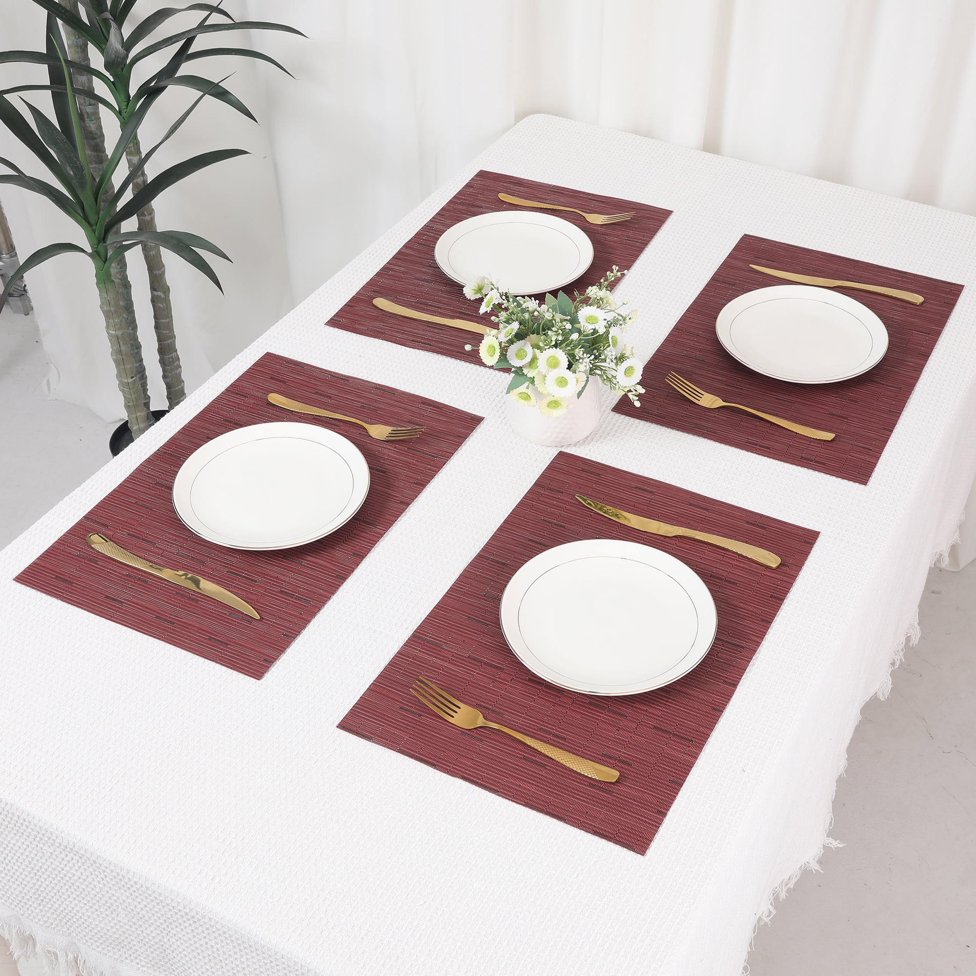 Unique Bargains 6pcs Placemats for Kitchen Dining Table Washable Wipeable Mat Burgundy