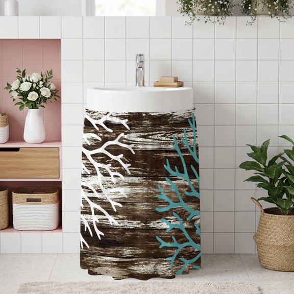 Coastal Corals Under Sink Curtain for Closet, Privacy Short Cabinet Curtains, Turquoise White Ocean Life Shabby Wooden Self Adhesive RV/Open Cabinet Skirt Adds Bathroom Storage 11"x13"