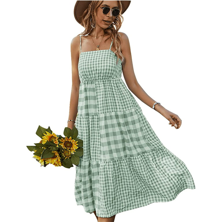 CoCopeaunt Women Summer Gingham Plaid Slip Dress Casual Tiered Smocked Pleated Swing Flowy Spaghetti Sundress - Walmart.com