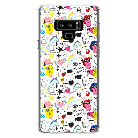 DistinctInk Clear Shockproof Hybrid Case for Samsung Galaxy Note 9 - TPU Bumper, Acrylic Back, Tempered Glass Screen Protector - Girl Power - Unicorn Crowns Loud Mouth