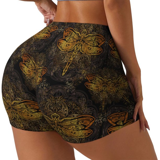 Fotbe Gold Dragonfly Mandala Shorts Sin Costuras – Shorts Deportivos de Cintura Alta para Mujer, Elásticos para Gimnasio, Yoga, Running o Ciclismo-Large