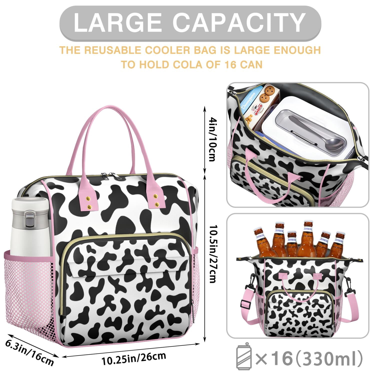 Buffalo Cow Design Insulated Lunch Bag – Large Reusable Lunch Box with Artistic Farm Animal Print Leakproof Waterproof Cooler Tote with Dual Compartments for Country-Themed Office or Picnic Use