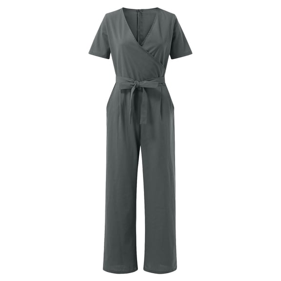 Aayomet Womens Jumpsuits Casual Short Sleeve Straps Wide Leg V Neck Pockets Zipper Jumpsuit (Gray, XXXXL)