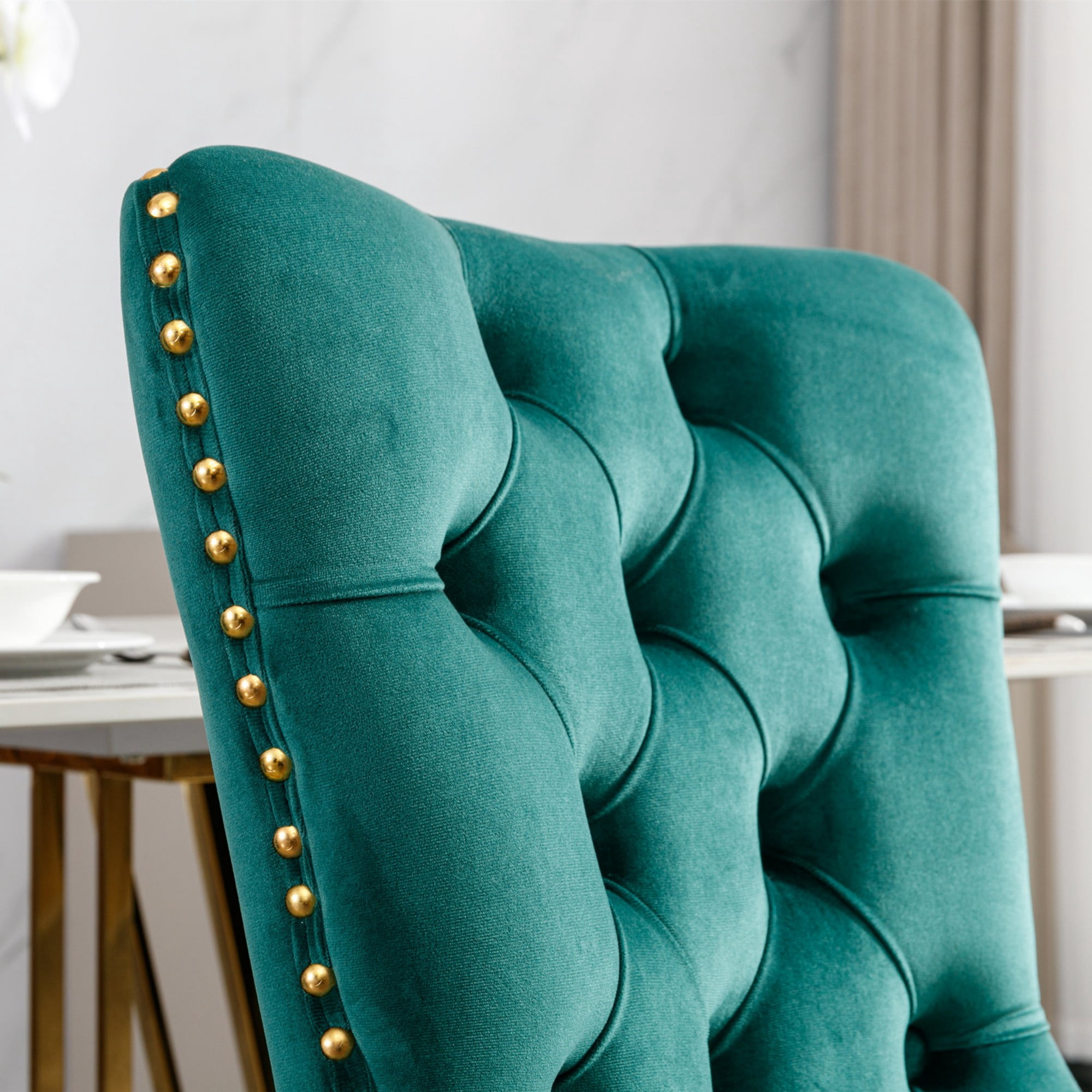 BSHTI 37.5" Velvet Upholstered Dining Room Chairs Set of 2, Modern Tufted Parson Chairs with Nailhead Trim, Foam Padded Seat for Dining Room/Kitchen(Green)