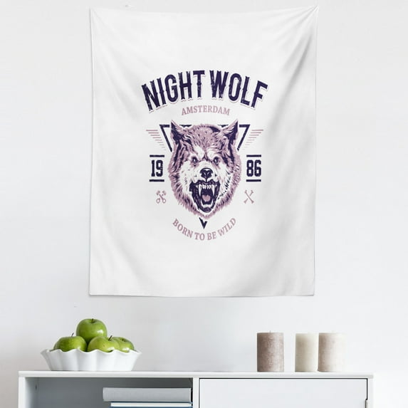 Wolf Tapestry, Born to Be Wild Angry Animal Vintage Grunge Illustration Roaring Savage Retro, Fabric Wall Hanging Decor for Bedroom Living Room Dorm, 5 Sizes, Dried Rose Eggplant, by Ambesonne