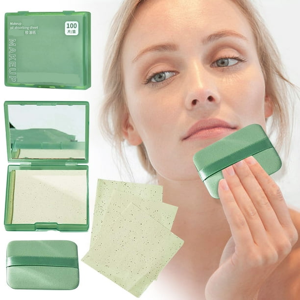 Pisexur Belleza Maquillaje Papel absorbente de aceite facial con borla para maquillaje, espejo, control de aceite, eliminación de aceite facial, caja portátil de lino y gampara mujeres y hombres