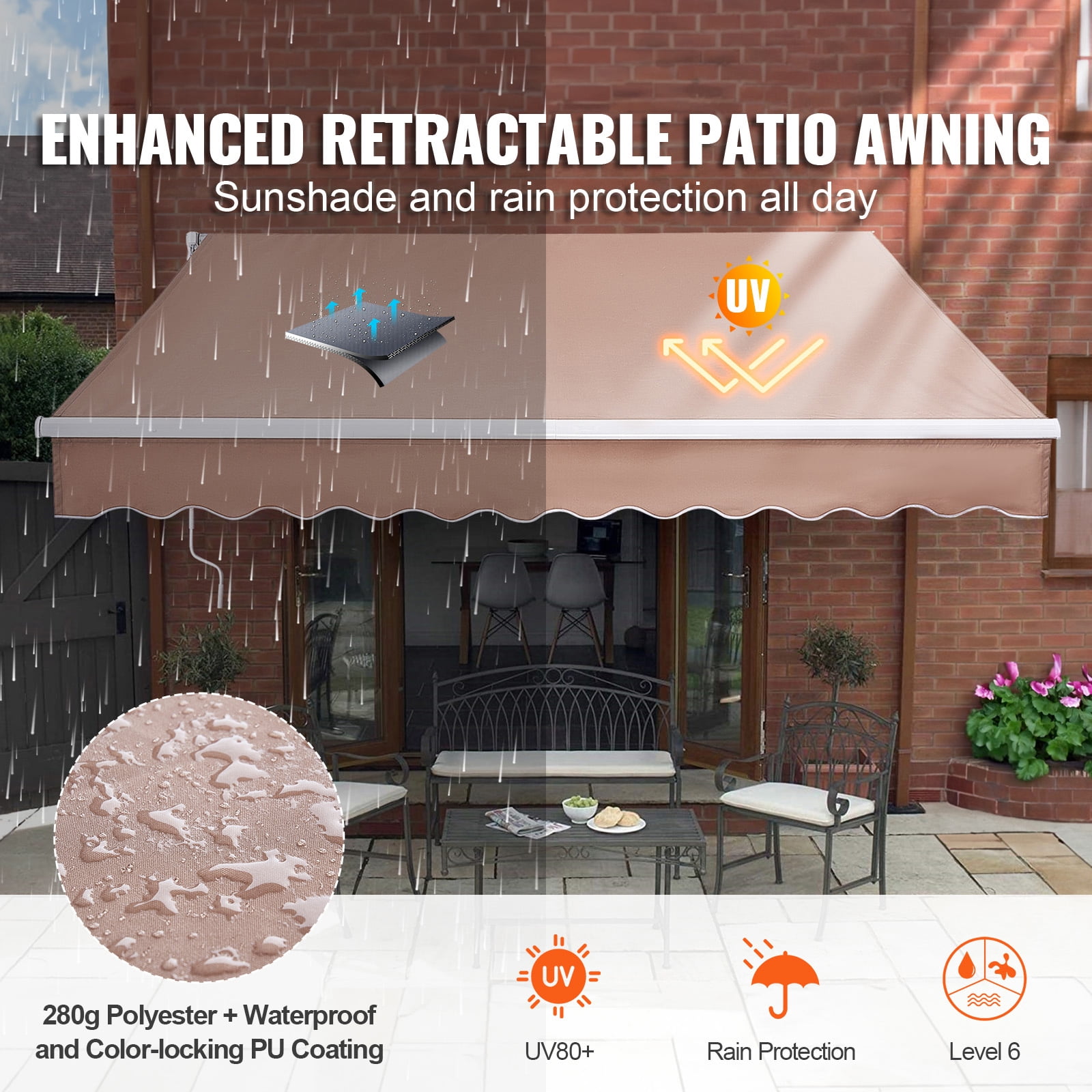 KFFKFF Patio Awning Retractable 13'x8' Awning Sunshade Shelter with Crank Handle