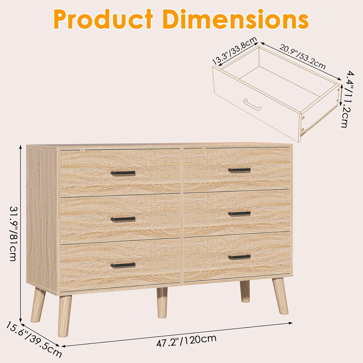 Frmobepts Mid Century Modern Dresser, 6 Drawer Dresser for Bedroom, Wood Dresser with Metal Handles, Light Oak