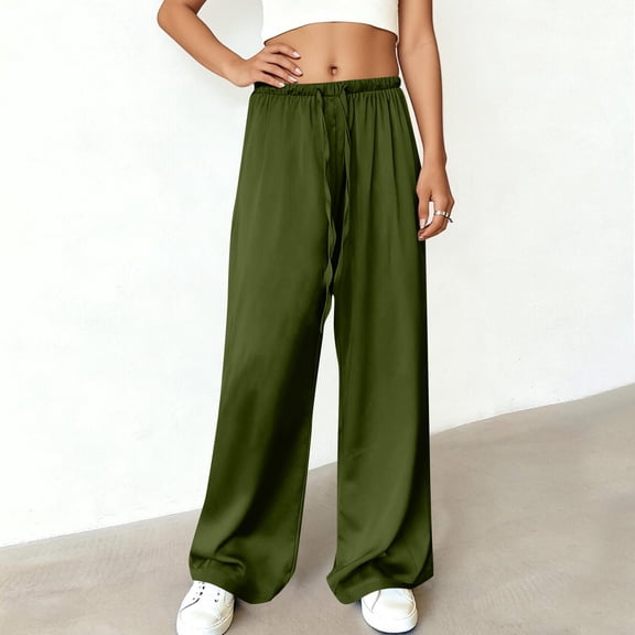 Hxlamzoo Women's Elastic Waist Casual Pants Solid Color Satin Wide Leg Loose Fit Trousers