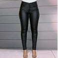 thumbnail image 3 of Women Pants Black Leather Pants Women Stretch Waisted Buttoned Size Casual Trousers High Coated Women Large Pants Pants Leather Look Pants, 3 of 9