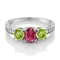 thumbnail image 2 of Gem Stone King 925 Sterling Silver Oval Pink Tourmaline Green Peridot and Moissanite Women Ring (2.07 Cttw, Gemstone Birthstone, Size 9), 2 of 4
