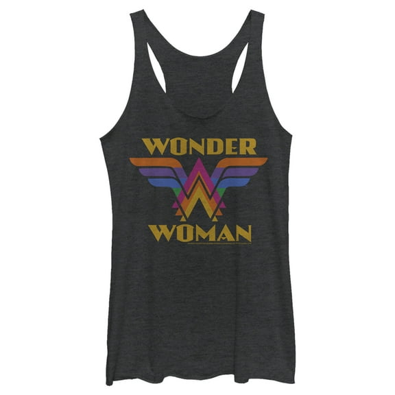 Women's Wonder Woman Retro Rainbow Logo Racerback Tank Top Black Heather Medium