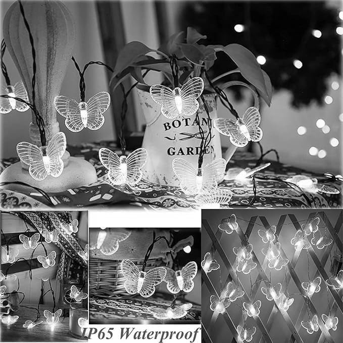 Huiyi LEDButterfly String Lights, 11m 60LED Outdoor Solar Powered String Light 8Mode Indoor for Lighting for Lawn Patio Wedding Party Decor