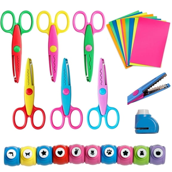 Chenfeng 26 Pcs Craft Scissors Kit, Hole Punch Set, 6 Decorative Edge Scissors, 10 Shape Punches