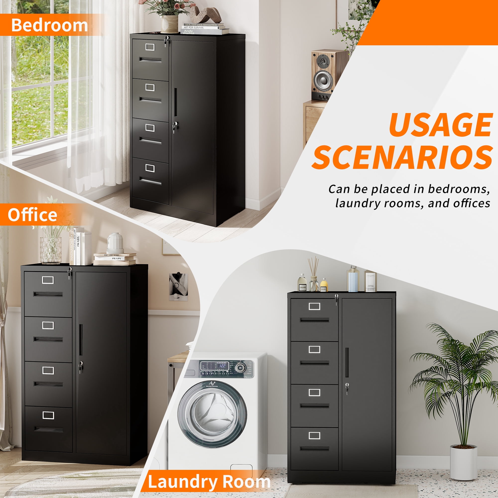Leumius 52.4" Tall Metal Storage Cabinet with Lock,Freestanding Filing Cabinet Armoire Wardrobe Closet with 4 Drawers & Hanging Rod for Office,Living Room,School,Black