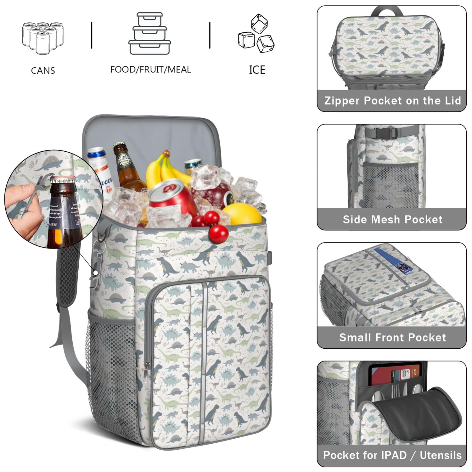 Travel Cooler Bag - LightColor Cartoon Dinosaurs Pattern Camping Beer Cooler Backpack with Bottle Opener- Waterproof Insulated Picnic Backpacks - Cooler Bag for Beach