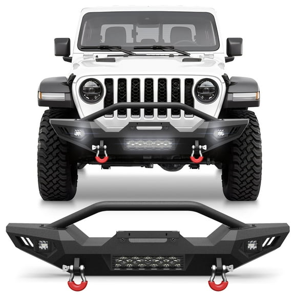 POFENZE Jeep Front Bumper Bar with Winch Plate for Jeep Wrangler JK JL 2007-2025 Jeep Gladiator JT  Black Steel Bumper with License Plate Bracket, Light Bar & Square Lights