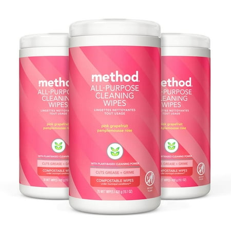 Method All-Purpose Cleaning Wipes, Pink Grapefruit, 70 Count, 3 pack, Packaging May Vary
