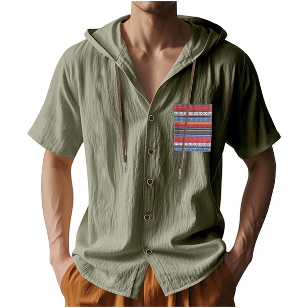 Camisa de Manga Corta de los Hombres con Capucha de Cárdigan Impresa con Botón con Bolsillos Top Casual para Primavera Verano