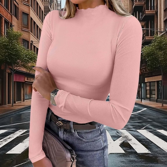 Fznquz Knit Womens Business Casual Tops Fitted Trendy High Neck Pink T Shirts Turtleneck 2026 Slim Fit Long Sleeve Winter Clothes,XXL